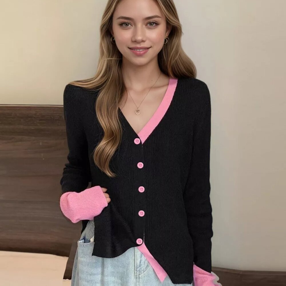Contrast Trim Ribbed Knit Cardigan - Picture 2 of 12